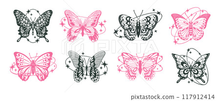 Cartoon y2k butterflies. Abstract y2k aesthetic flying insects, tropical butterflies with oval shapes with stars and sparkles decor flat vector illustration set. Trendy butterflies collection 117912414