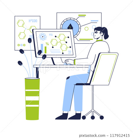 Chemistry female lab worker. Biotechnology medical laboratory development and researching flat vector illustration. Chemical scientific scene 117912415