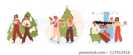 Christmas party celebration. People celebrate xmas winter holidays, family and friends winter activities flat vector illustration set. Cartoon Christmas celebrating scenes Christmas party celebration. People celebrate xmas winter holidays, family and friends winter activities flat vector illustration set. Cartoon Christmas celebrating scenes 117912418