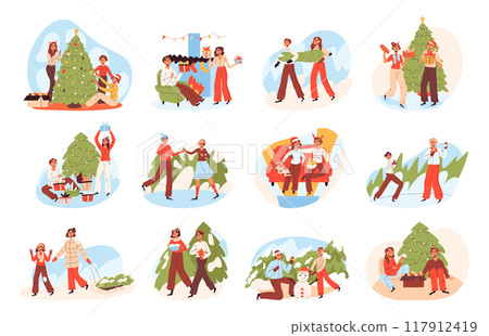 Christmas people. Characters celebrating winter holidays, decorating xmas tree and giving xmas gifts flat vector illustration set. Family Christmas festive scenes 117912419