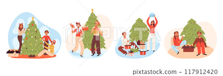 Christmas winter holidays celebration. Xmas eve party preparation, family and friends winter activities flat vector illustration set. Cartoon Christmas celebrating characters Christmas winter holidays celebration. Xmas eve party preparation, family and friends winter activities flat vector illustration set. Cartoon Christmas celebrating characters 117912420