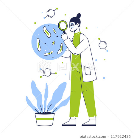 Female lab worker. Chemistry lab scientist, biotechnology medical laboratory development and researching flat vector illustration. Chemical scientific scene 117912425