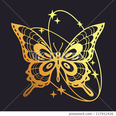 Gold y2k butterfly. Golden y2k aesthetic flying insect, abstract shiny butterfly silhouettes with oval shapes, stars and sparkles decor flat vector illustration. Cartoon butterfly symbol Gold y2k butterfly. Golden y2k aesthetic flying insect, abstract shiny butterfly silhouettes with oval shapes, stars and sparkles decor flat vector illustration. Cartoon butterfly symbol 117912426
