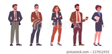 Office workers team. Business colleagues wearing business suits, busy people standing together flat vector illustration set. Professional business characters group Office workers team. Business colleagues wearing business suits, busy people standing together flat vector illustration set. Professional business characters group 117912435