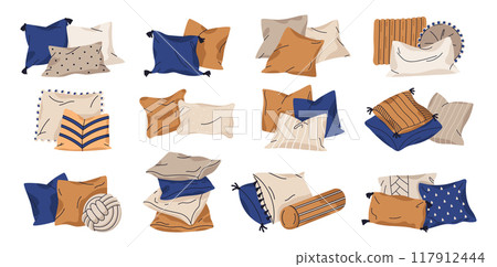 Textile cushions. Home interior sofa decor pillows isolated flat vector illustration set. Cozy soft pillows collection 117912444