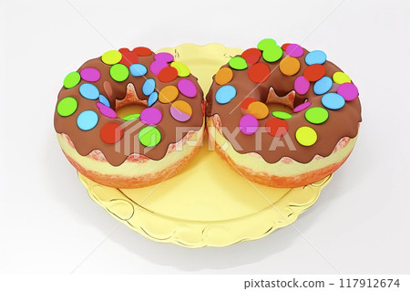 Illustrative Composition of Chocolate-Glazed Doughnuts with Colorful Dragees on a Golden Plate 117912674