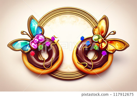 Artistic Doughnut Presentation with White Chocolate Glaze and Butterfly Decor on Ornate Cream Plate Artistic Doughnut Presentation with White Chocolate Glaze and Butterfly Decor on Ornate Cream Plate 117912675