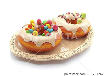 Elegantly Presented Doughnuts on Cream Tray with Gold Ornamentation: White Chocolate Glaze and Colorful Sprinkles 117912676