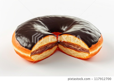 Perfectly Sliced Chocolate-Glazed Donut with a Central Hole, Ideal for Festive Bakery Displays 117912700