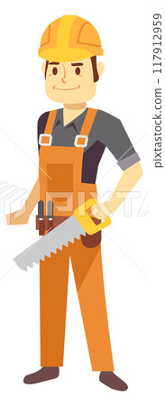 Happy construction worker with saw. Woodwork craftsman character Happy construction worker with saw. Woodwork craftsman character 117912959