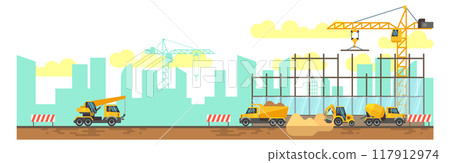 Construction site scene with heavy machinery color illustration Construction site scene with heavy machinery color illustration 117912974