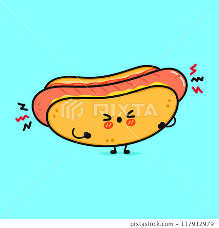 Angry Hot dog character. Vector hand drawn cartoon kawaii character illustration icon. Isolated on blue background. Sad Hot dog character concept 117912979