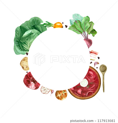 Cooking recipe, red borscht, vegetables, potatoes, carrots, garlic bun, lard, meat, all objects are hand-drawn with watercolors. Watercolor illustration. For printing recipes, in books and menus. Cooking recipe, red borscht, vegetables, potatoes, carrots, garlic bun, lard, meat, all objects are hand-drawn with watercolors. Watercolor illustration. For printing recipes, in books and menus. 117913081