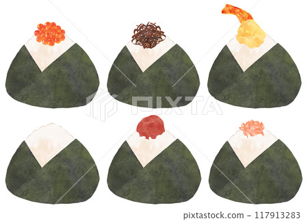 A set of rice balls wrapped in seaweed seen from an angle, watercolor touch A set of rice balls wrapped in seaweed seen from an angle, watercolor touch 117913283