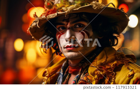 A man dressed in a colorful, traditional festive costume with face paint, standing in a vibrant and lively setting. The image highlights cultural celebration and festivity. 117913321