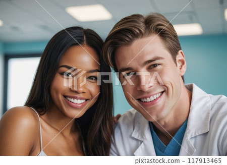 A cheerful group of medical professionals, including a male doctor and a female nurse, stand together smiling in a hospital. The scene emphasizes teamwork and a positive healthcare environment. 117913465