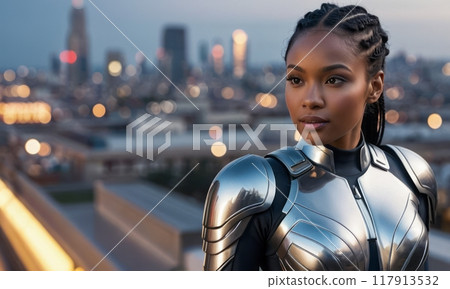 A determined woman in a sleek silver superhero suit stands on a rooftop, overlooking a vibrant city at dusk. Her strong stance and focused gaze highlight her readiness for action. A determined woman in a sleek silver superhero suit stands on a rooftop, overlooking a vibrant city at dusk. Her strong stance and focused gaze highlight her readiness for action. 117913532