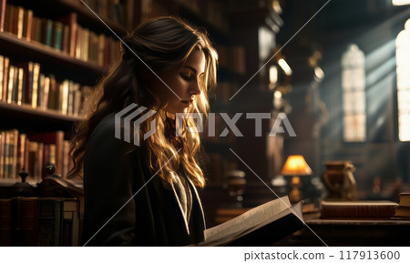 A woman with long hair is deeply focused on reading a book in a grand, old library. The warm, ambient lighting and towering bookshelves create a scholarly and contemplative atmosphere. A woman with long hair is deeply focused on reading a book in a grand, old library. The warm, ambient lighting and towering bookshelves create a scholarly and contemplative atmosphere. 117913600