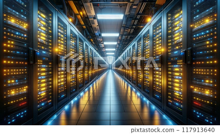 A long, futuristic hallway filled with server racks illuminated by colorful lights. The perspective view emphasizes the scale and high-tech nature of the environment. 117913640