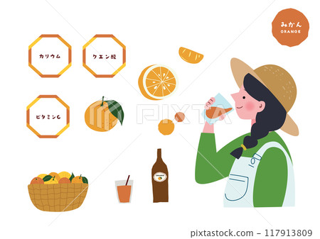 一個女人喝橙汁的插圖 117913809