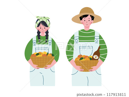 Illustration of men and women harvesting mandarins Illustration of men and women harvesting mandarins 117913811