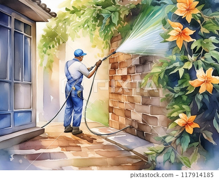 Man Spraying Water on Brick Wall. Generative AI 117914185
