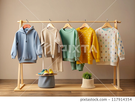 Wooden rack with children's clothes on hangers  117914354