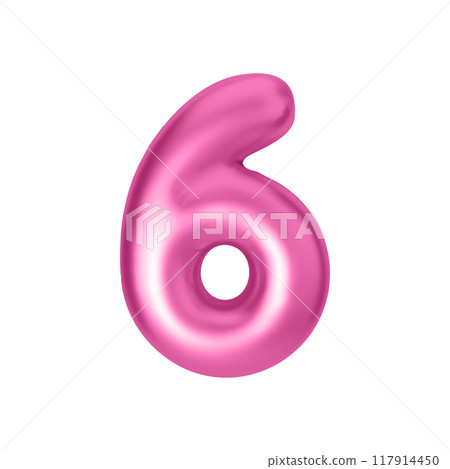 Pink metallic number 6. Foil and latex balloon number six in 3d style. Realistic design elements isolated on white background. Vector illustration 117914450