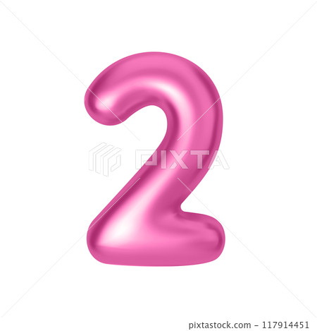 Pink metallic number 2. Foil and latex balloon number two in 3d style. Realistic design elements isolated on white background. Vector illustration 117914451