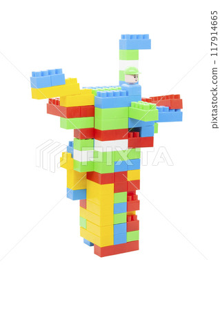 Children's toy lego constructor in different sizes. Red, pink, yellow and green blocks. Photo in high quality. Without background. 117914665