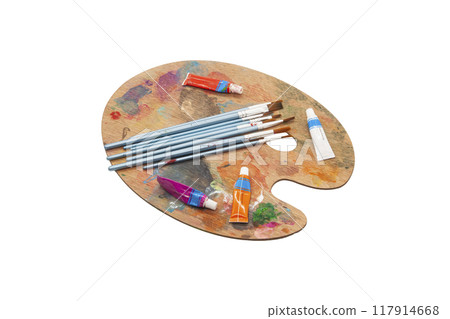 Artistic wooden palette with colorful paints and brushes for creative activities. Horizontal. PNG 117914668