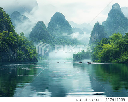 Serene misty mountain landscape with traditional boats on tranquil river reflecting lush green foliage and towering peaks 117914669