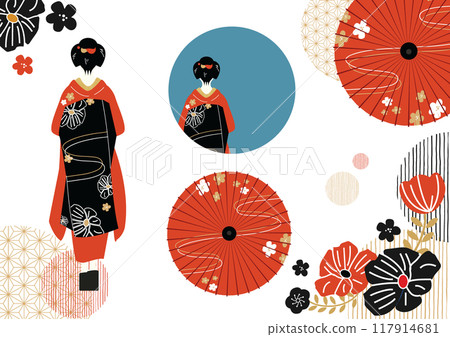 Back view of a woman in kimono walking with a Japanese umbrella 117914681