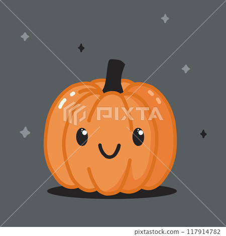 Orange vector illustration of a pumpkin with a tail and with a cute face and smile. Illustration for Halloween. Orange vector illustration of a pumpkin with a tail and with a cute face and smile. Illustration for Halloween. 117914782