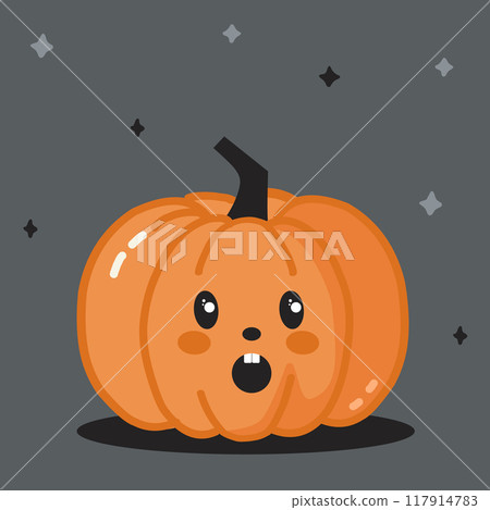 Orange vector illustration of a pumpkin with a tail and with a cute face surprised face. Halloween illustration. Orange vector illustration of a pumpkin with a tail and with a cute face surprised face. Halloween illustration. 117914783