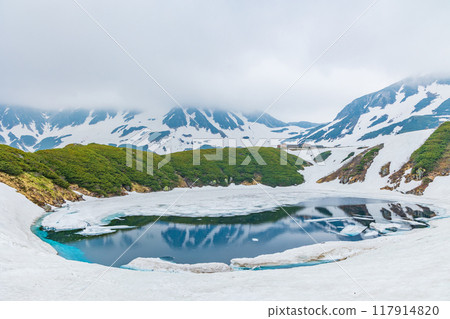 初夏的立山黑部阿爾卑斯山脈路線、積雪的室堂平、禦庫裡池 初夏的立山黑部阿爾卑斯山脈路線、積雪的室堂平、禦庫裡池 117914820