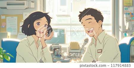 Smiling male and female engineers having a meeting_1 117914883