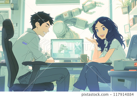Male and female engineers discussing industrial robots_2 117914884