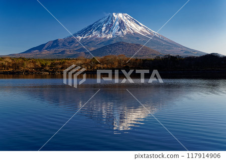 Mt. Fuji in winter as seen from the shores of Lake Shoji Mt. Fuji in winter as seen from the shores of Lake Shoji 117914906