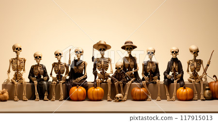 Skeletons in Halloween costumes - AI generated image 117915013