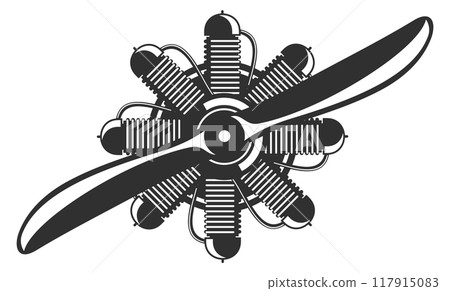 Retro plane propeller black icon. Aircraft engine drawing 117915083
