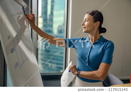 A Professional Businesswoman Presenting in a Modern Office Setting with Various Tools and Resources A Professional Businesswoman Presenting in a Modern Office Setting with Various Tools and Resources 117915245