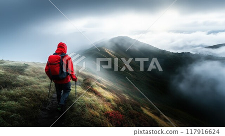 一個人在霧中徒步上山 一個人在霧中徒步上山 117916624