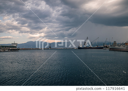 Rijeka Croatia 25.06.24 Large merchant ship and cargo cranes in port 117916641
