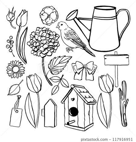 Spring set outline black and white hand drawn 117916951