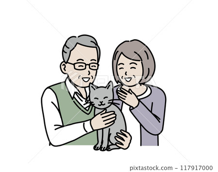 Illustration of an elderly couple keeping a cat 117917000