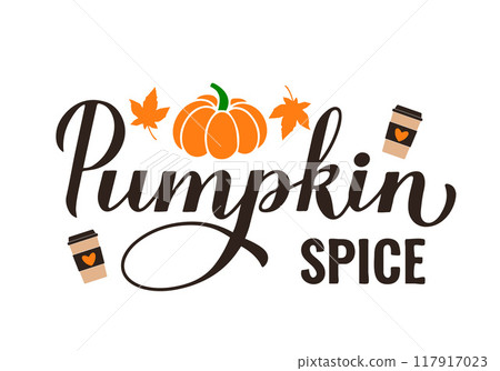 Pumpkin Spice lettering with coffee cup. Popular autumn drink. Vector template for fall decorations, typography poster, banner, flyer, etc. 117917023