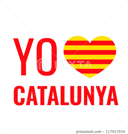 I Love Catalonia in Spanish. Senyera flag in shape of heart. Vector template for typography poster, banner, flyer, greeting card, shirt design, etc. 117917034