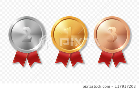 Vector 3d Realistic Blank Golden, Silver and Bronze Award Medal with Red Ribbons Set, Closeup, Isolated. Design Template for Certificates, Awards. Front View Vector 3d Realistic Blank Golden, Silver and Bronze Award Medal with Red Ribbons Set, Closeup, Isolated. Design Template for Certificates, Awards. Front View 117917208