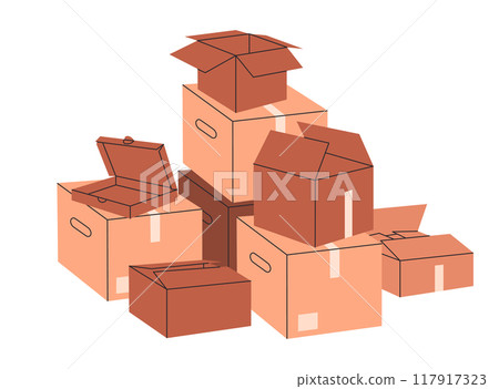 Cartoon cardboard boxes. Stacked cargo boxes pile, warehouse box stack flat vector illustration. Delivery or moving containers on white Cartoon cardboard boxes. Stacked cargo boxes pile, warehouse box stack flat vector illustration. Delivery or moving containers on white 117917323